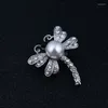 Brooches Silver Color Dragonfly Brooch Fashion Crystal Animal With Pearl Pin For Women Costume Accessories