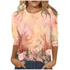 T-shirts pour femmes 3/4 manches pour femme mignon fleur imprimé graphique t-shirts chemisiers décontracté grande taille tops basiques pull Roupas Feminina 2024