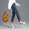 Damen Jeans Winter Frauen Plüsch Samt Casual Hohe Taille Denim Hosen Schnee Tragen Warme Elastische Gerade Knöchellange Hosen Plus Größe