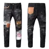 Slim Fit Jeans Am 청바지 탄성 청바지 트렌디 한 고민 Denim 바지 Pucker Hole Patch 바지 디자이너 Mens Jeans Long Hippop 스티커 자수 Jean