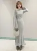 Casual klänningar 2024 Spring Summer Office Lady Sweet Elegance Big Bow Bell Sleeve Fishtail Sticked Dress for Women High-klass Slim