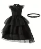 Kids Girls Dress Fly Sleeve Layered Aline Patchwork Princess with Belt for Party y240326