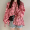 Damesblouses Koreaanse vintage zwart-wit geruite pop-kraagoverhemd Damestop Lente losse trekkoord Bubble-mouwenkleding