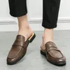 Chinelos Simples Couro Genuíno Preto Masculino Fechado Toe Half Shoes Mules Casual Designer Elegante Mocassins Sandálias