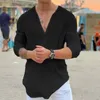 Мужская футболка Летние хипстерские хлопковые футболки с глубоким вырезом и глубоким V-образным вырезом Удобная футболка Топы Мужские повседневные пуловеры с длинными рукавами 240320