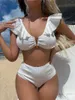 Damenbadebekleidung Rüschen V-förmiger gerippter weiblicher Badeanzug mit hoher Taille Bikini Frauen Zweiteiliges Set Badende Badeanzug Schwimmen K5124