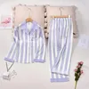 Pijamas femininos roxo listra pijamas conjunto senhora cetim bordado roupa do cão dos desenhos animados manga longa camisa calças roupas de casa solta