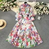 Basic Casual Jurken 2024 Boheemse Bloemen Chiffon Zomerjurken voor Vrouwen Runway Stand Lantaarn Mouw Riem Strand Vakantie Lange Vestidos Boho Gewaad