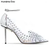 Sapatos de vestido Strass Transparente Temperamento Bombas PVC Cristal Diamante Decoração Pointy Toe Salto Alto Stiletto Mulheres