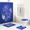 Cortinas de chuveiro azul rosa cortina flor borboleta 4pcs conjunto poliéster pedestal tapete decoração do banheiro à prova d'água