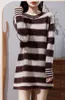 Robes décontractées Stripe Contraste Couleur Âge réduit Col rond Femme Pull en laine pure Pull Fit Slim Robe tricotée mi-longue