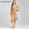 Vestidos casuais maryyimei moda designer vestido primavera outono feminino lanterna manga drapeado magro vintage assimétrico sereia