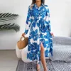 Casual Dresses Fashion Turn-Down Collar Long Sleeve Button Shirt Dress Autumn Women Elegant High midje Lace Up Print Party Vestidos