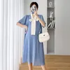 Summer Korean Fashion Chiffon Maternity Dress Elegant Sweet Loose Clothes For Pregnant Women Ins Ruffle Bow Graviditetskläder 240326