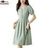 Party Dresses Cotton Temperament Women V Neck Chinese Style Lace-up Bow Tie Retro Vintage Button Shirt Dress Vestidos