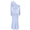 Casual Dresses Fashion Blue Strapless Long Sleeve Tight Bandage Dress