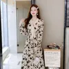 Robes décontractées Automne et hiver Vintage Floral Imprimer Manches longues Velours Sweet Bow Ceinture élastique Minceur Polaire Bas Jupe Robe