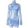 Casual Dresses ANJAMANOR 3d Blue Denim Print Long Sleeve Bodycon Dress Fashion Sexy Club Outfits Turtleneck Slit Mini For Women D85BD17