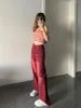 Jeans da donna Moda Americano Lavaggio Design Rosso Bottone da strada Vita alta Pantaloni larghi dritti a gamba larga Lavaggio