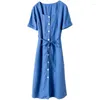 Abiti da festa Estate Donna Loose Plus Size Stile giapponese Comoda camicia di lino in cotone lavato con acqua francese traspirante con cintura
