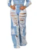 Jeans pour femmes Benuynffy mode déchiré trou copain streetwear décontracté en détresse jambe droite denim cargo pantalon avec poches