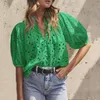 Blusas de mujer Blusa con cuello en V Manga globo Top Elegante Linterna Hueco Patrón de flores Tops Camisa bordada de encaje