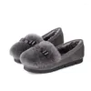 Casual Shoes Bowknot Furry Woman Winter Plush Solid Flats Round Toe Flock Slip-On Creepers Loafers Female Corth Cotton Footwear