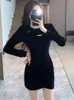 Casual Jurken Zwart Gebreide Patchwork Holle Mini-jurk Voor Vrouwen 2024 Koreaanse Vintage Hepburn Herfst Winter Elegante Bodycon Kawaii