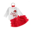 Ensembles de vêtements pour bébés filles, vêtements de noël, chapeau de père noël imprimé, barboteuse à manches longues et jupe en tulle, bandeau mignon, tenue d'automne