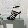 Designer de salto alto sandália vestido sapatos tornozelo cinta romano studs preto nu tira rebites mulheres stiletto bloco salto