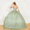Sage verde quinceanera vestidos 2024 fora do ombro querida sem costas rendas vestidos de baile doce 16 vestidos de 15 anos