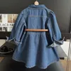 Childrens Cute Casual Denim Dress Korean Version Girls Belt SlimFit Lapel Long Sleeve Skirt Fashion Simple Aline Dresses 240326