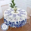 Toalha de mesa 1 peça retro azul branco porcelana circular toalha de mesa impermeável terraço tapeçaria cortina cabeça multi-uso 63 polegadas toalha de mesa y240401