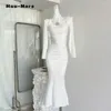 Casual klänningar 2024 Spring Female Elegant Long Sleeve Solid Color Midi Wedding Women Luxury Hollow Out A-line aftonklänning