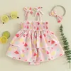 Ensembles de vêtements bébé fille 2 pièces tenues d'été sans manches imprimé fruits robe barboteuse smockée avec bandeau ensemble vêtements pour bébés