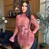 Casual Dresses ANJAMANOR 3d Blue Denim Print Long Sleeve Bodycon Dress Fashion Sexy Club Outfits Turtleneck Slit Mini For Women D85BD17