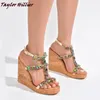 Dress Shoes Summer Colorful Rhinestone Wedge Sandals Open Toe Thick Sole Increased Imitation Wood Grain Waterproof Platform For Wome
