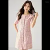 Partykleider Rosa kleines duftendes Kurzarmkleid Frauen Sommer O-Ausschnitt Lose lässig einreihig Korea Chic einteiliger französischer Tweed