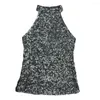 Blouses Femmes Femmes Slim-Fit Top Sequin Off Épaule Halter pour brillant Club Dance Tank Vest avec Slim Fit Solid Color Stage