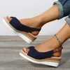 Sandals Shoes For Women 2024 Solid Fabric Fish Mouth Wedge Heel Buckle Outside Streetwear Indoor Outdoor Female