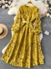 Robes décontractées Printemps Automne Femmes Crochet Fleur Creuse Fête Longue Robe Vintage Col Rond Manches Bouffantes Taille Haute A-ligne Femme Robes