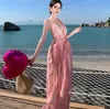 Robes décontractées Français Été Rose Fleur Imprimer Vacances Maxi Robe Femmes Sexy Col V Profond Dos Nu Rayé En Mousseline De Soie Haute Taille Plage Longue