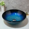 JIENI Hand Painted Blue Tempered Glass Basin Sink Washbasin Faucet Set Bathroom Counter top Washroom Vessel Vanity Sink Mixer