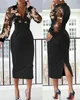 Casual Dresses Women's Elegant Luxury Dress Contrast Sequin Floral Sheer Mesh Slit Lantern Sleeve 2024 Spring Latest V-Neck Skirt
