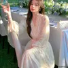 Party Dresses Romantic Long Fairy 2024 Summer French Design Women Holiday Chiffon Flower Floral Retro Vintage Hollow Out Dress