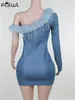 Casual Dresses Habbris Fall Fashion Blue Denim Booty Mini Dress Sexy Clubwear Outfit For Women 2024 One-shoulder Feathers Patchwork Short