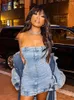 Casual Dresses Cute Blue Denim Ruched Mini Dress For Women 2024 Summer Hipster Wrapped Chest Body-shaping Slim Short Midnight Partywear