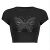 Women's T Shirts Butterfly Rhinestones Estetic Women Y2k Clothes Vintage T-Shirt Fairy Grunge Graphic Slim Short Sleeve Sexig Crop Top