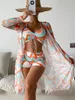 Damskie stroje kąpielowe 3 sztuki Bikini Ustaw pokrywkę stroju kąpielowego Kobiet Kobiety w bikini wysokiej talii długie rękaw 2024 Pływanie plażowe kostium kąpielowy Kimono