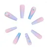 Decorazioni per le nail art 24pcs gradiente blu rosa camelia false chiodi punte di bara lunghe pressa staccabile su scintillio di manicure